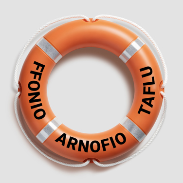 Delwedd o fwi achub oren gyda'r geiriau ffonio, arnofio a taflu arno.